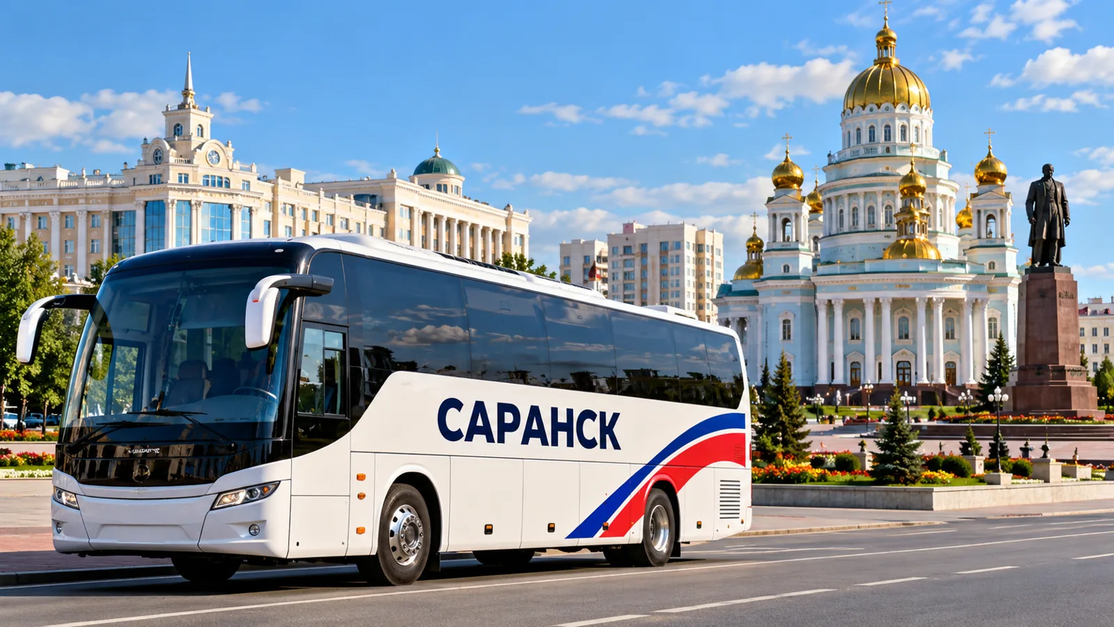 Пассажирский автобус Саранск на фоне города